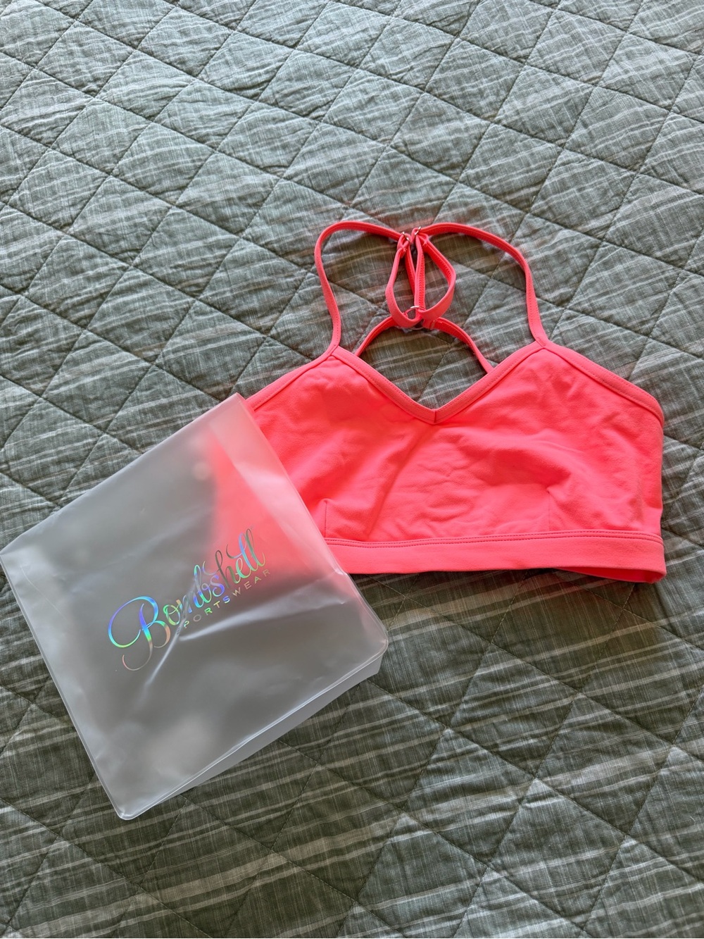 Bombshell Sportswear Neon Coral Strappy Sports Bra
